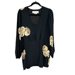 STONE COLD FOX Black Beige Floral Oversized 100% Silk Long Sleeve Dress Size 2